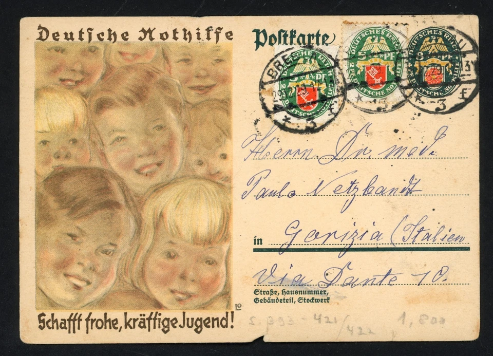 1929 German Postcard To US 8Pf Uprated 10 Pf Deutsche Nothilfe Charity - Image 2 of 3