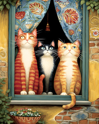 8x10 Cozy Storybook Two Cats Sitting in Window Art Print Cottagecore - 982454252