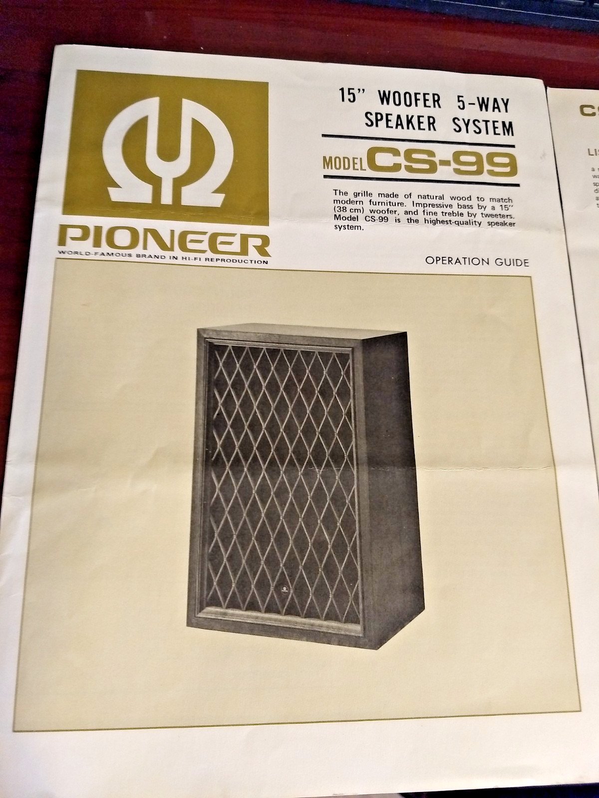 Genuine Pioneer Model CS-99 Speaker Operation Guide Manual - ORIGINAL -