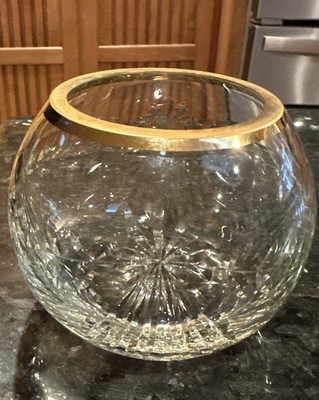 Cut Glass Gold Rim Round Candle Votive 4'' Atrium Crystal Clear Industries Poland