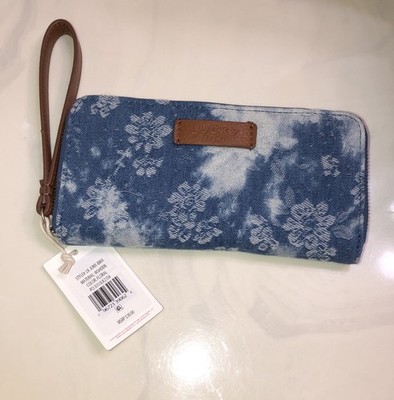 Lucky Brand Washed Blue Denim & Tie Dye Floral Print ZA Wallet + Strap NWT