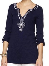 Lilly Pulitzer Eliane Women  s L Tunic Top True Navy Embroidered Beads - Read