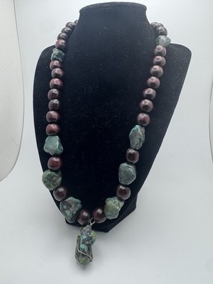 Turquoise Nugget Wooden Brow Bead Rock Stone Wire Necklace Nature Inspired 