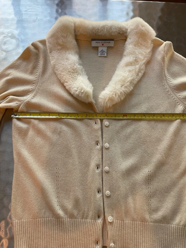 Saks Fifth Avenue Real Clothes Silk and Cashmere Cardigan Ivory Fur Collar - L - Image 4 of 4