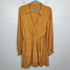 Anthropologie Jacquard Long-Sleeve Mini Dress Womens Medium Gold Wrap Front