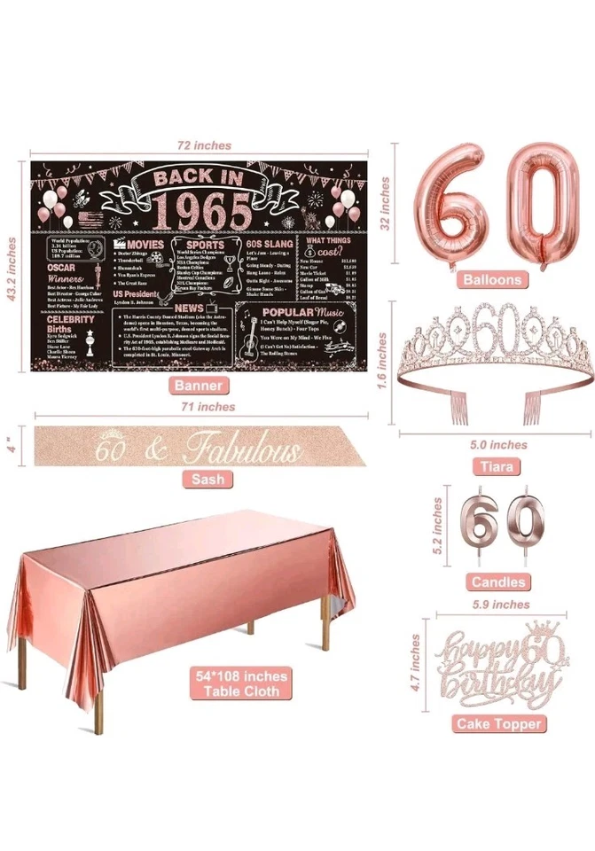 60th Birthday Decorations for Woman with Banner, Rose Gold Tablecloth, Number... - Image 2 of 4