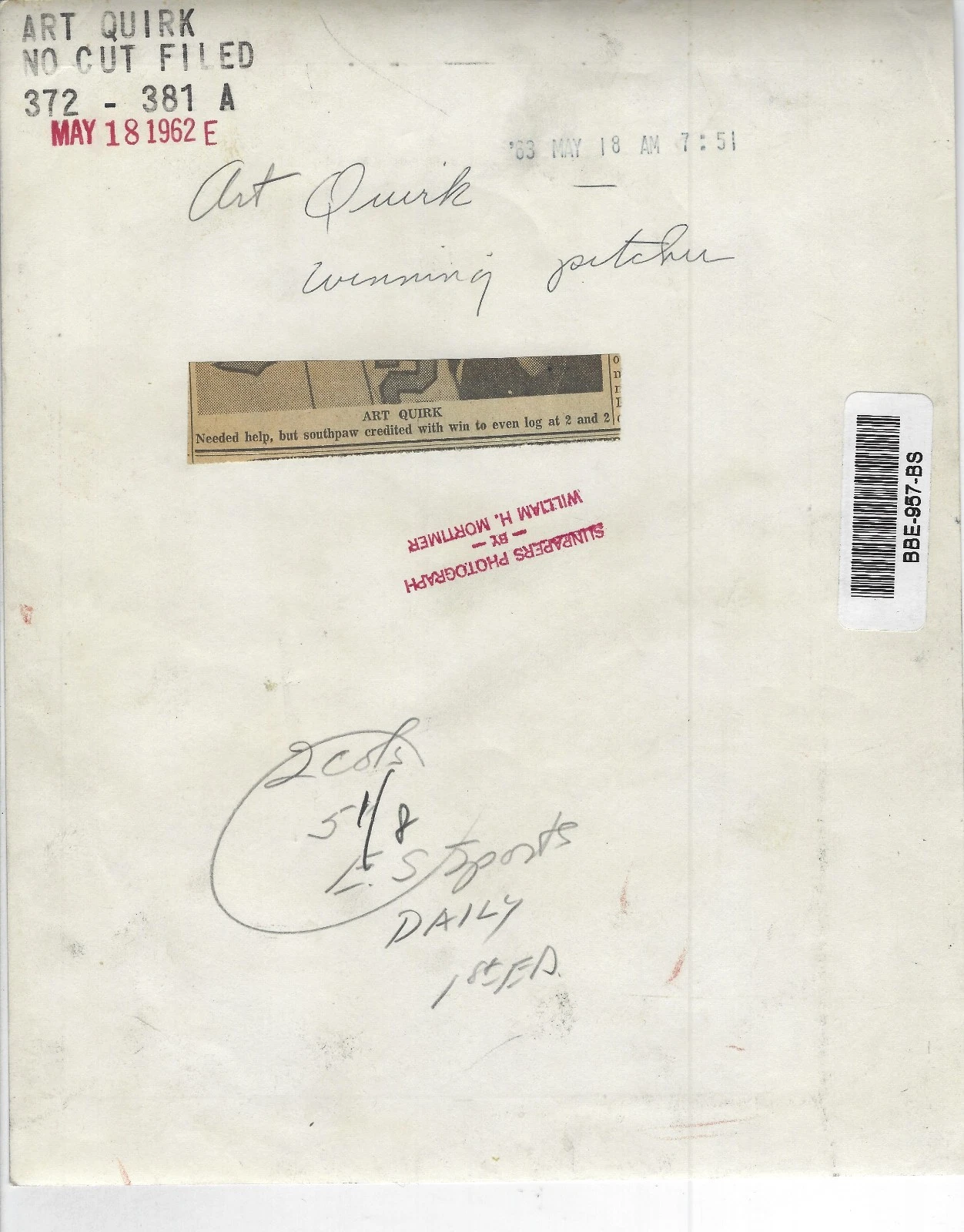 オリジナル 1962年 アート クアーク ボルチモア オリオールズ ピッチャータイプ 1 サン 8x10 プレス写真 - 画像2/2