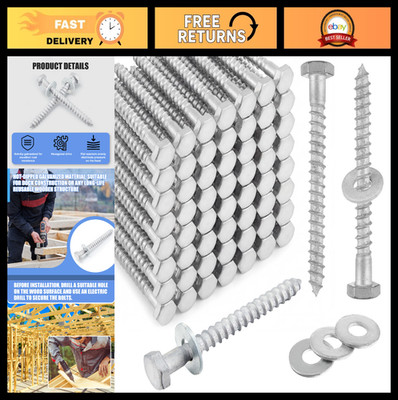 100 Pcs 3/8'' x 4'' Heavy Duty Lag Bolts Kit with Washers for Wood, Deck, Furnitur
