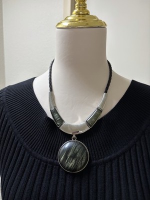 Silver Tone Black Cord Necklace Round Black/Gray Stone Pendant Bezel Boho