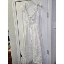 White Eyelet Tie Front Midi Dress Pearl Button Detail Sleeveless Boho Sundress