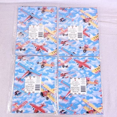American Greetings Gift Wrap Paper Vintage Airplanes Cloudy Blue Sky Lot Of 4