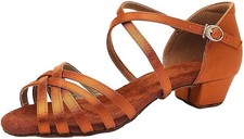 missfiona Latin Ballroom Dance Shoes for Girls Kids Satin 3.5 Big Kid, Tan