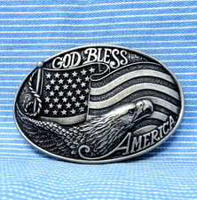 Western Eagle Flag Belt Buckle God Bless America Patriot Vtg 80s Nocona .TYC224