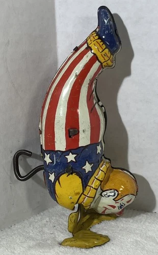 Vintage J Chein 1940’s Tin Litho Patriotic Clown Wind Up Sold As Is