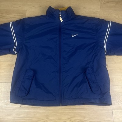 Nike Vintage Puffer Jacket Embroidered Spellout Logo Y2K 90s Navy Blue Yellow L