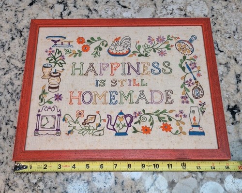 Vintage Framed Crewel Embroidery Happiness is Still Homemade 12X15 Embroidered - Picture 2 of 12