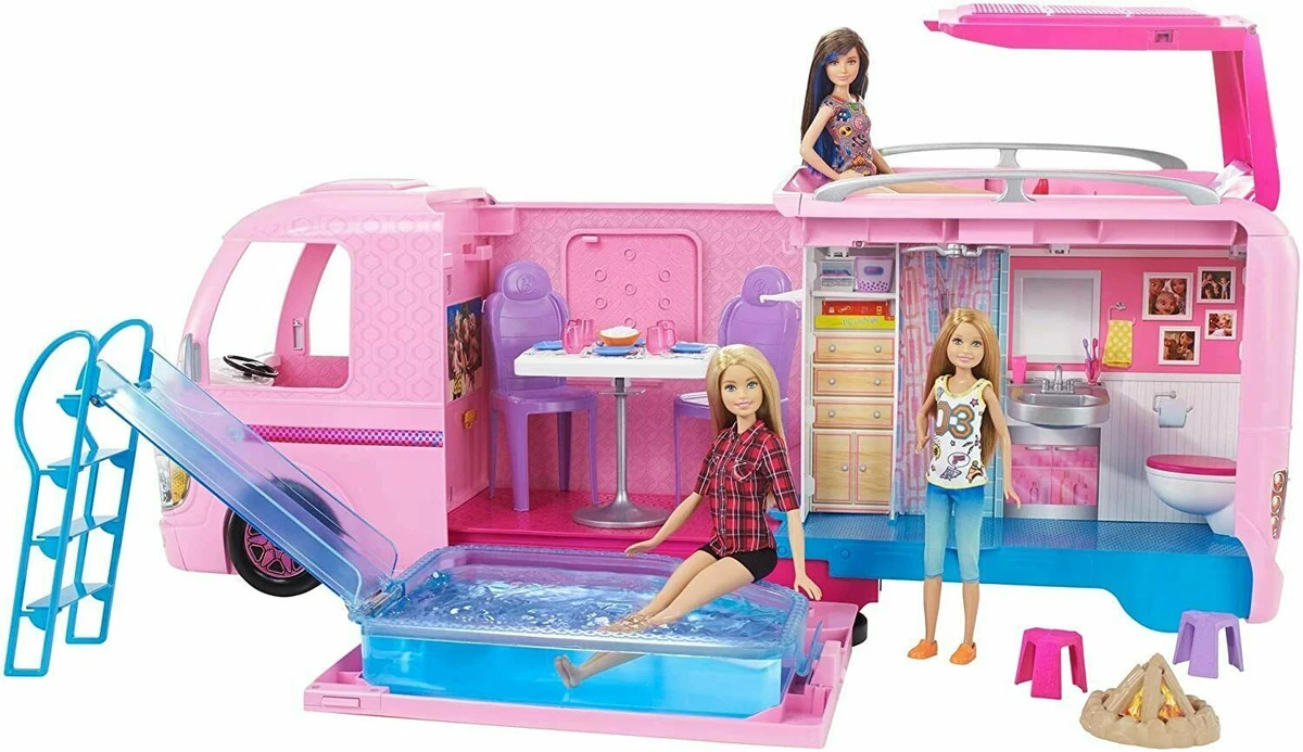 New Mattel Barbie Pop out Dream Camper Pink RV Bus Home Vehicle Truck Set  887961439502