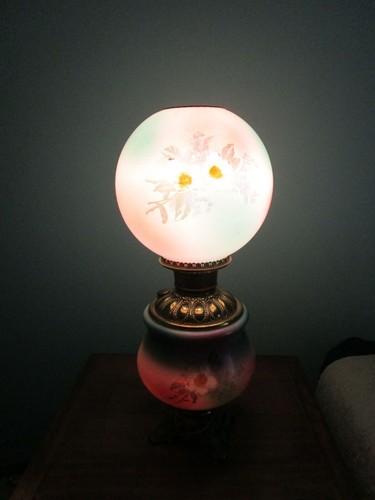 Antique Floral Glass Hurricane Lamp Brass Base Hand Painted Electrified Works - Picture 21 of 24