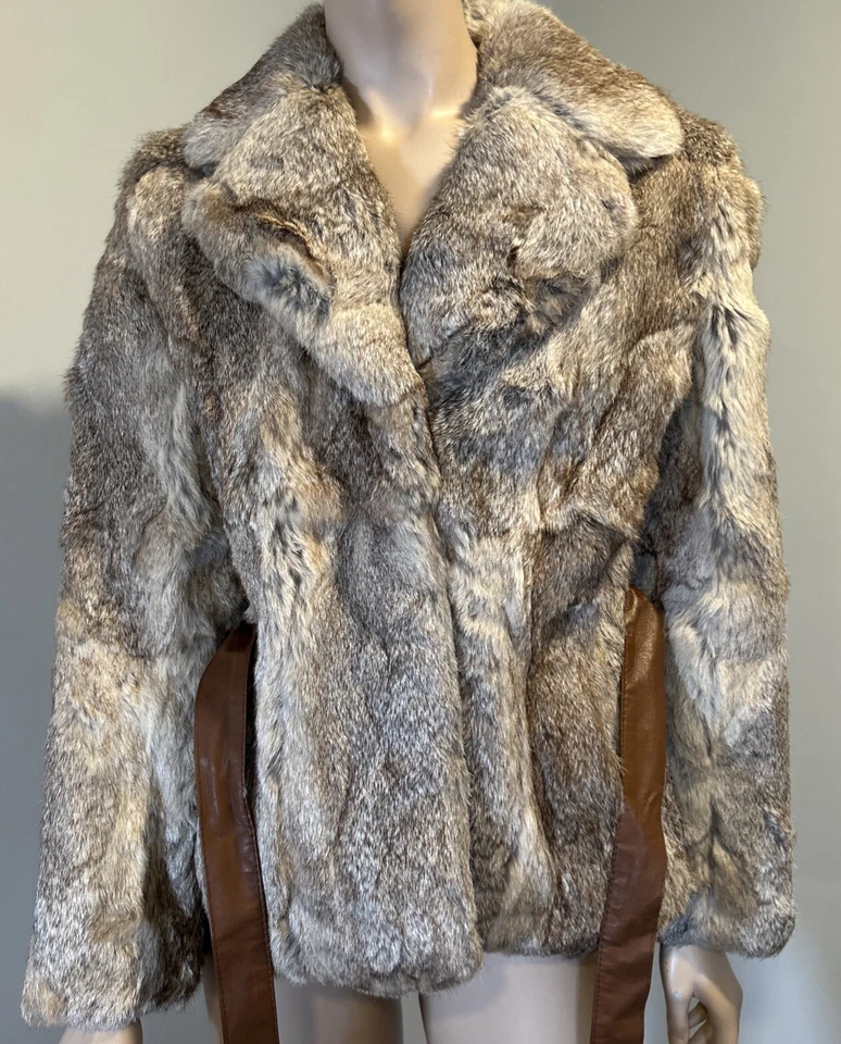 Chaqueta Abrigo De Piel De Conejo Natural Elegida De Colección con Cinturón De Cuero Talla S Foto 3 de 4