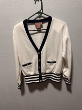 Vintage White Navy Blue Cardigan Stripe Sz M