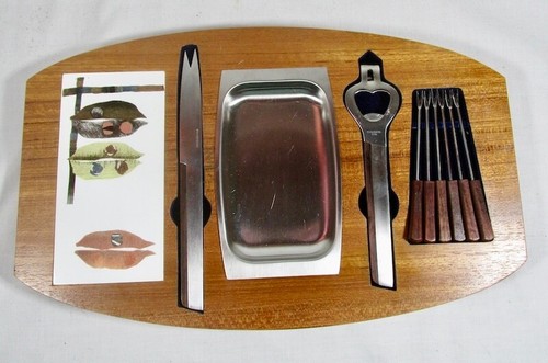 Mid-Century Modern Cheese And Cocktail Board With Inset Tile And Tools Orig. Box