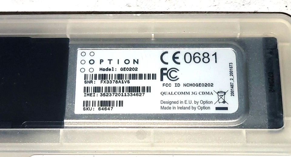 OPTION, LAPTOP CONNECT CARD, QUALCOMM 3G CDMA, CE0681, FC, GE0202, PRE-OWNED - Image 4 of 4