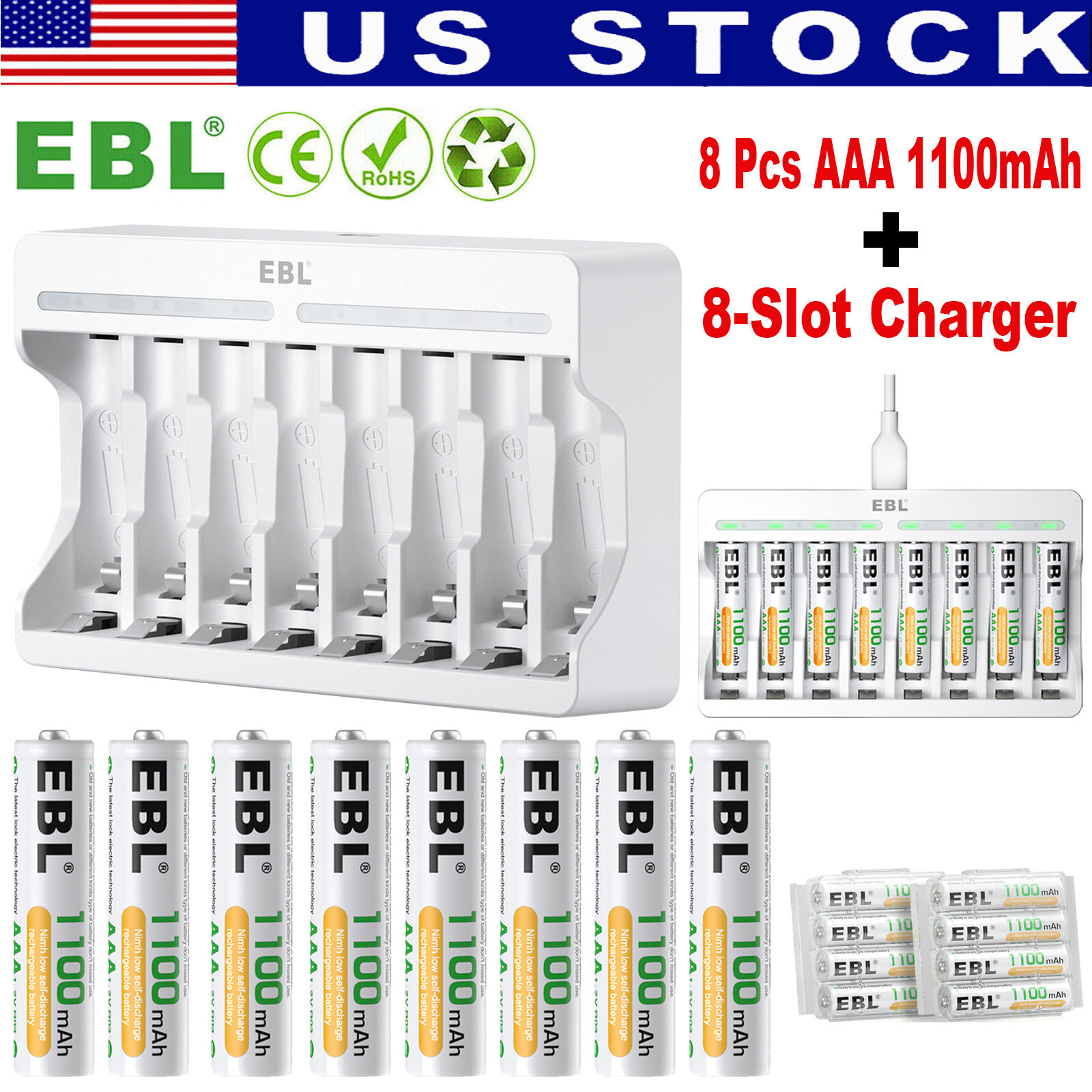 EBL 8Pcs Rechargeable AAA Batteries 1100mAh + 8-Slot AA AAA EBL Recharger-image