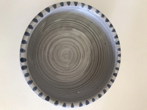 VINTAGE JUGTOWN WARE NC POTTERY GRAY & BLUE 6" ROUND BOWL MARKED & DATED 1988