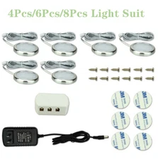 4/6/8pc Under Cabinet LED Lighting Kitchen Counter Closet Puck Light Lamp W/Plug