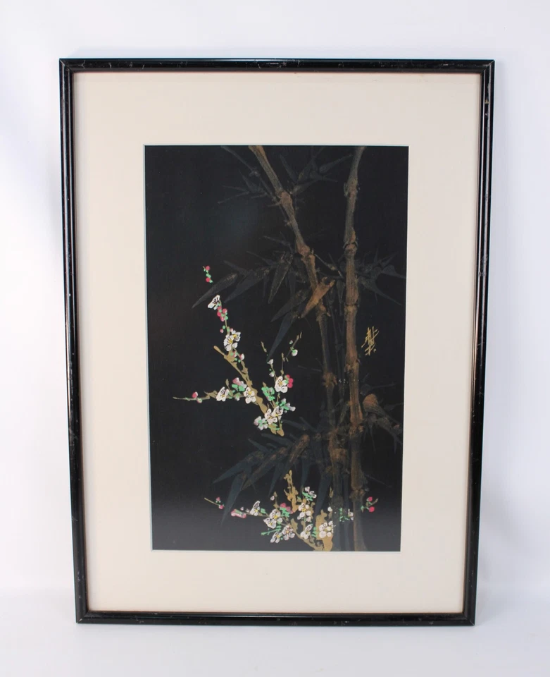 Pintura floral asiática antiga em seda preta com marca de ouro - Imagem 2 de 4