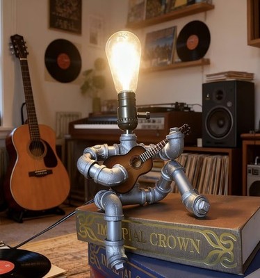 Steampunk Industrial Guitar Player Table Lamp Edison Bulb Retro Pipe Music Room 
