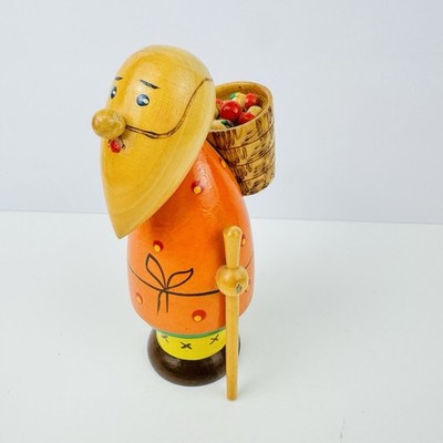 USSR Russian Hand Carved Wood Gardener Figurine Basket Mushrooms Folk Art 7'' VTG
