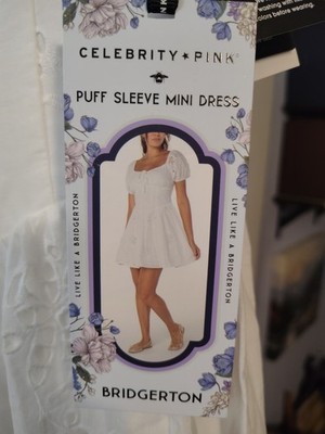 Bridgerton Celebrity Pink Women's Eyelet Puff Sleeve Mini Dress White Small NWT