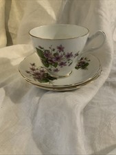 Harleigh Bone China Cup & 2 Saucers Violets Gold Trim