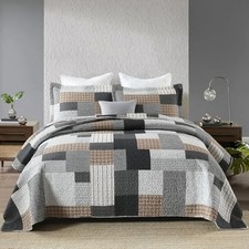 Plaid Quilts King Size - 3 Pieces Quilt King 98"x106" Brown/Black/Gray/White