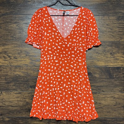 Divided Short Sleeve V-Neck Sun Dress - Orange Floral - Women's Size Small