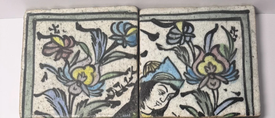 Persian Qajar Style Hand-Painted Ceramic Tile Panel Set of 6 Woman Flowers - Image 3 of 4