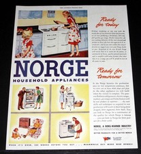 1944 OLD WWII MAGAZINE PRINT AD, NORGE HOUSEHOLD APPLIANCES-TODAY & TOMORROW!