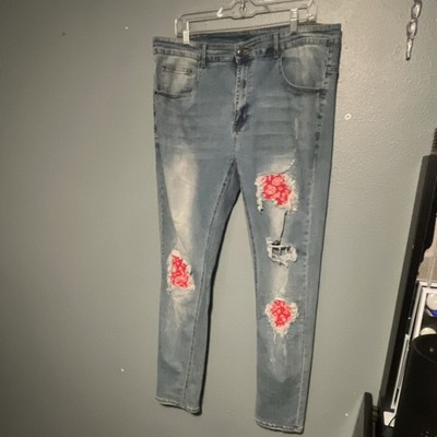 Young & Reckless Distressed Skinny Jeans Blue Denim Embroidered Slim Fit Men