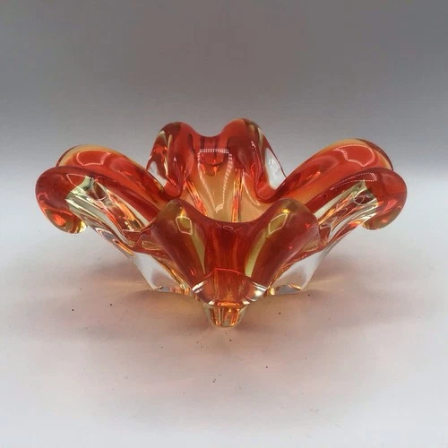 Vintage Murano Chalet Glass Orange to Clear Free Form Folded Bowl