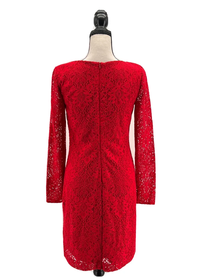 Vestido Ralph Lauren LRL Mujer Encaje Rojo 2 XS Mangas Largas Cuello en V Fiesta de Vacaciones Foto 3 de 4