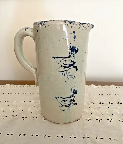 Vintage Bybee Pottery, Kentucky, 9" Tall Pitcher, Blue Birds, Spongeware, NICE