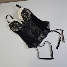 Vintage Victoria  s Secret Black  White Mesh Corset Lingerie W Garters Size 34C
