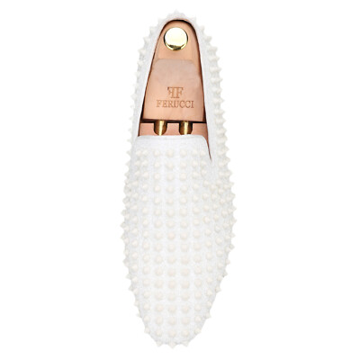 Pearl White Slip-On Men\'s Studded Loafers with Gold Spikes Amazon.com | FERUCCI Men White Spikes Slippers Loafers Flat  main image 3