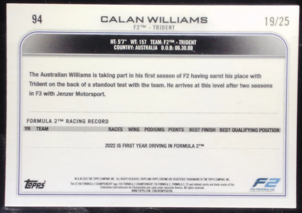2022 Topps Chrome Formula 1 - F2 Racers Future Stars #94 Calan Williams #/25 - Image 2 of 2