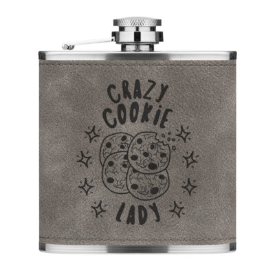 Crazy Cookie Lady Stars 6 Unzen PU Leder Flachmann grau lustig Lebensmittelliebhaber Schokolade