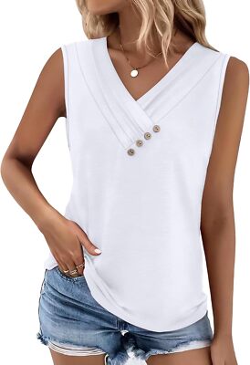 Women's Cotton Button Down V Neck Tank - Sleeveless Loose Fit Fashion Tops