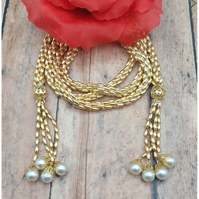 Gold Tone Wrap Around Necklace Faux Pearl Tassels Snake Wheat Chain  Lightweight