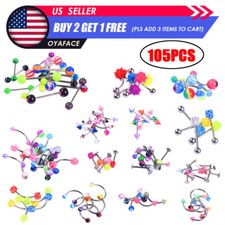 105pcs Mixed Body Piercing Kit Nose Tongue Lip Ear Eyebrow Belly Ring Studs US