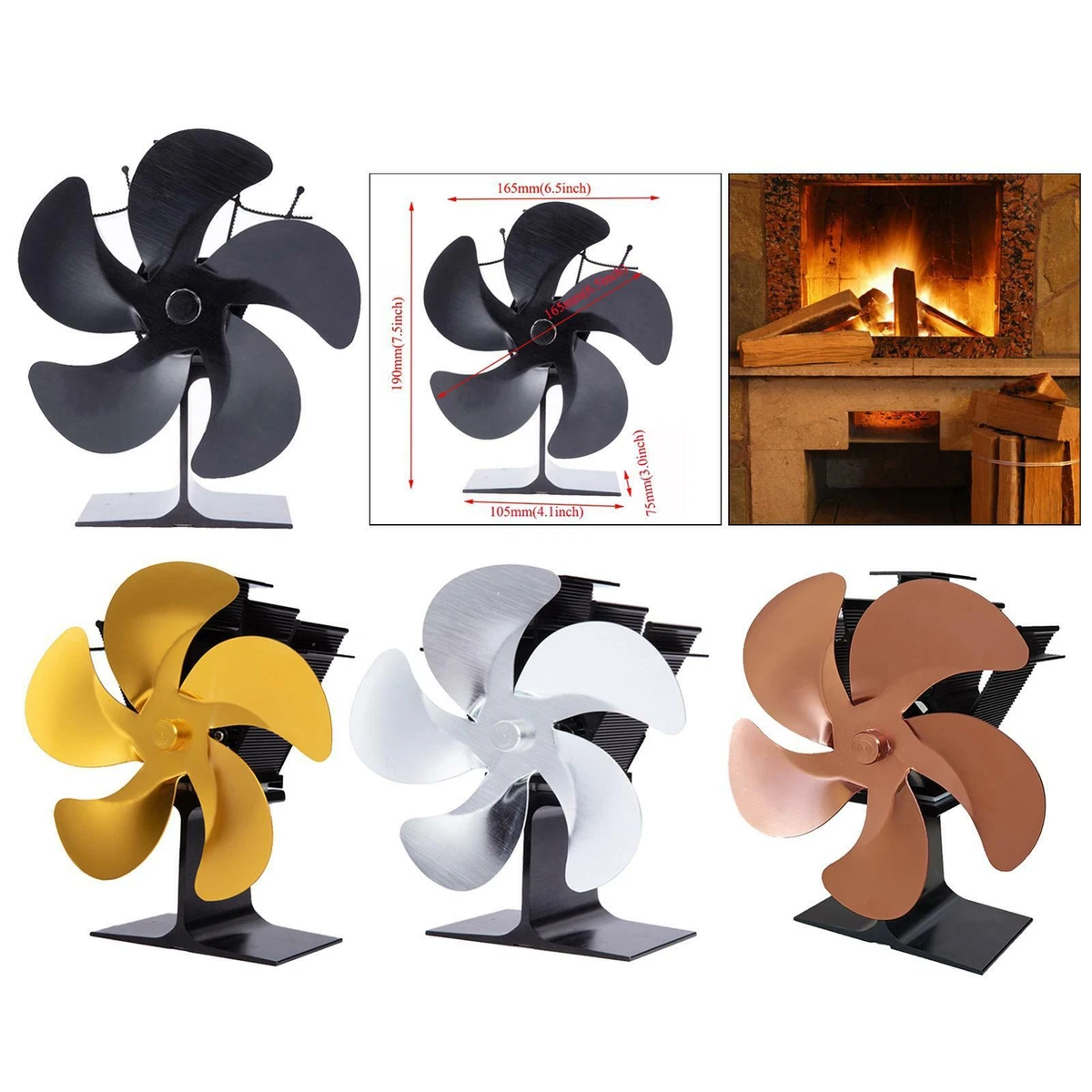 5 Blades Fireplace Fan Wood Stove Air Blower Fan Eco with Silent Motor |  eBay